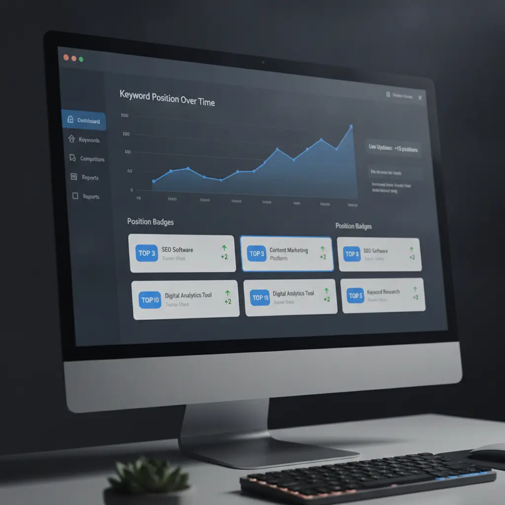 Modern SaaS dashboard on a monitor, displaying keyword ranking analytics with growth graphs and position badges.