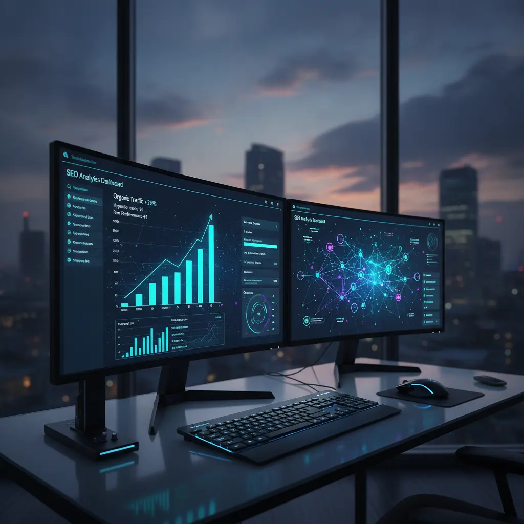 High-tech digital workspace with dual monitors displaying SEO analytics, organic traffic graphs, and glowing search node maps at dusk.