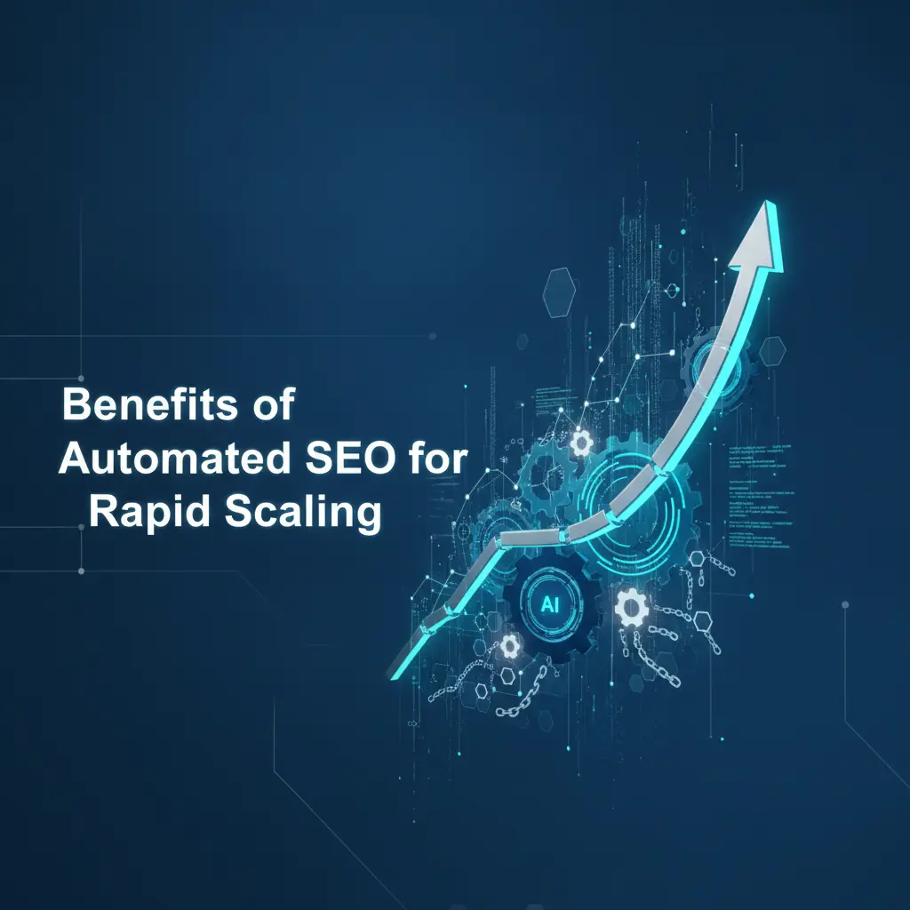 Benefits of automated SEO for rapid scaling dashboard visual showing traffic growth and automation nodes.