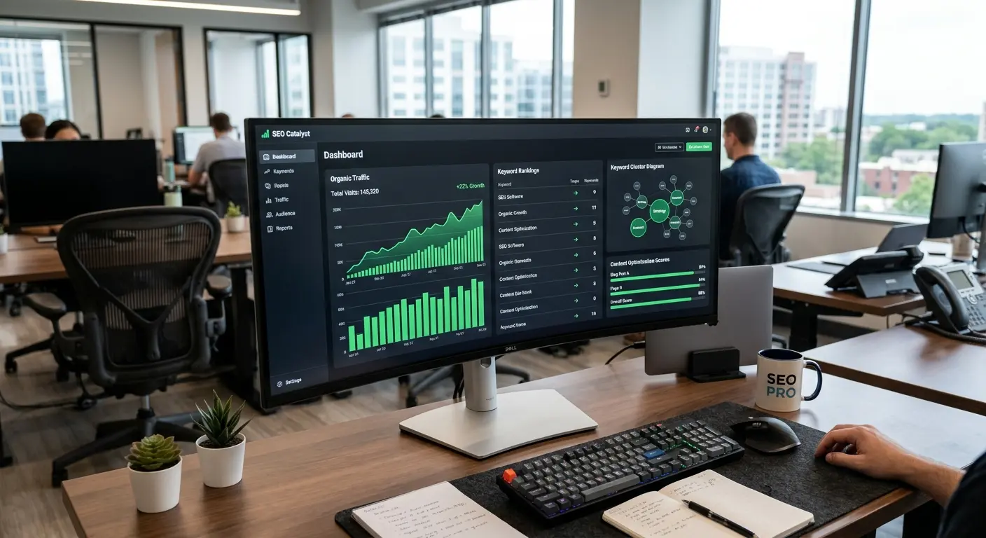 Modern dark mode software dashboard illustrating ai seo content generator metrics and climbing traffic charts