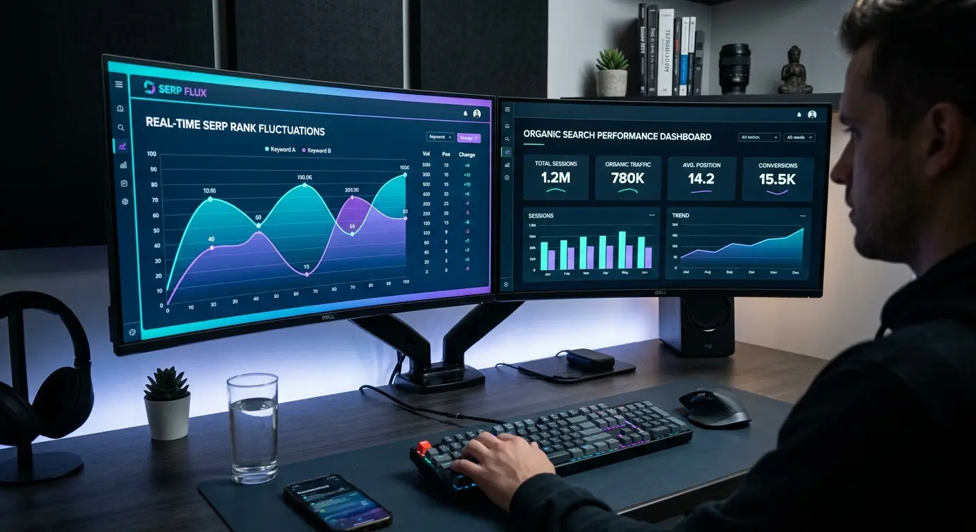 Analytics dashboard comparing rank tracker software vs Google Search Console metrics on dual monitors