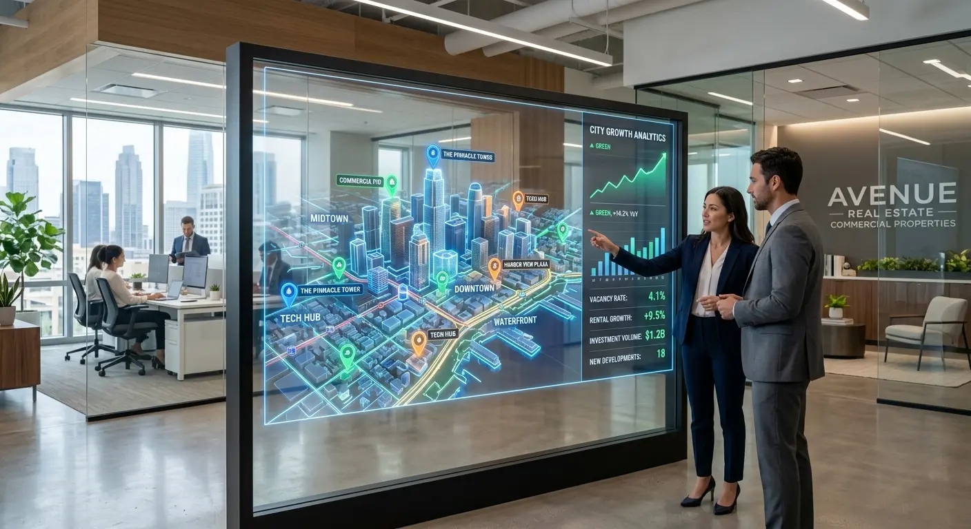 Digital interactive city map showing real estate rank tracker software analytics and local property rankings