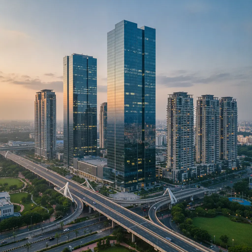 Modern Delhi commercial skyline with sleek glass office towers, residential high-rises, and urban planning.