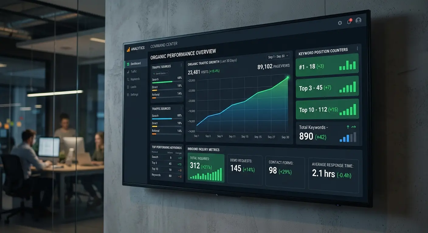 Benefits of automated rank tracking for lead generation displayed on a modern dark-mode analytics dashboard.