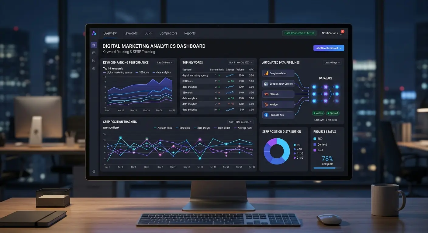 Rank tracker software integrations with Google Looker Studio dashboard showing keyword position charts and metrics.