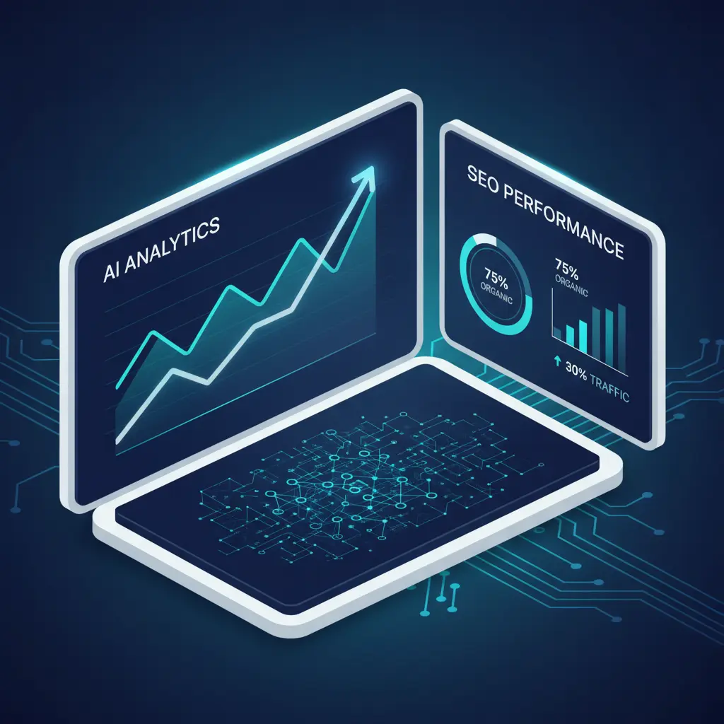 A sleek, modern 3D vector illustration of an AI-powered SEO analytics dashboard with rising graphs and data nodes.