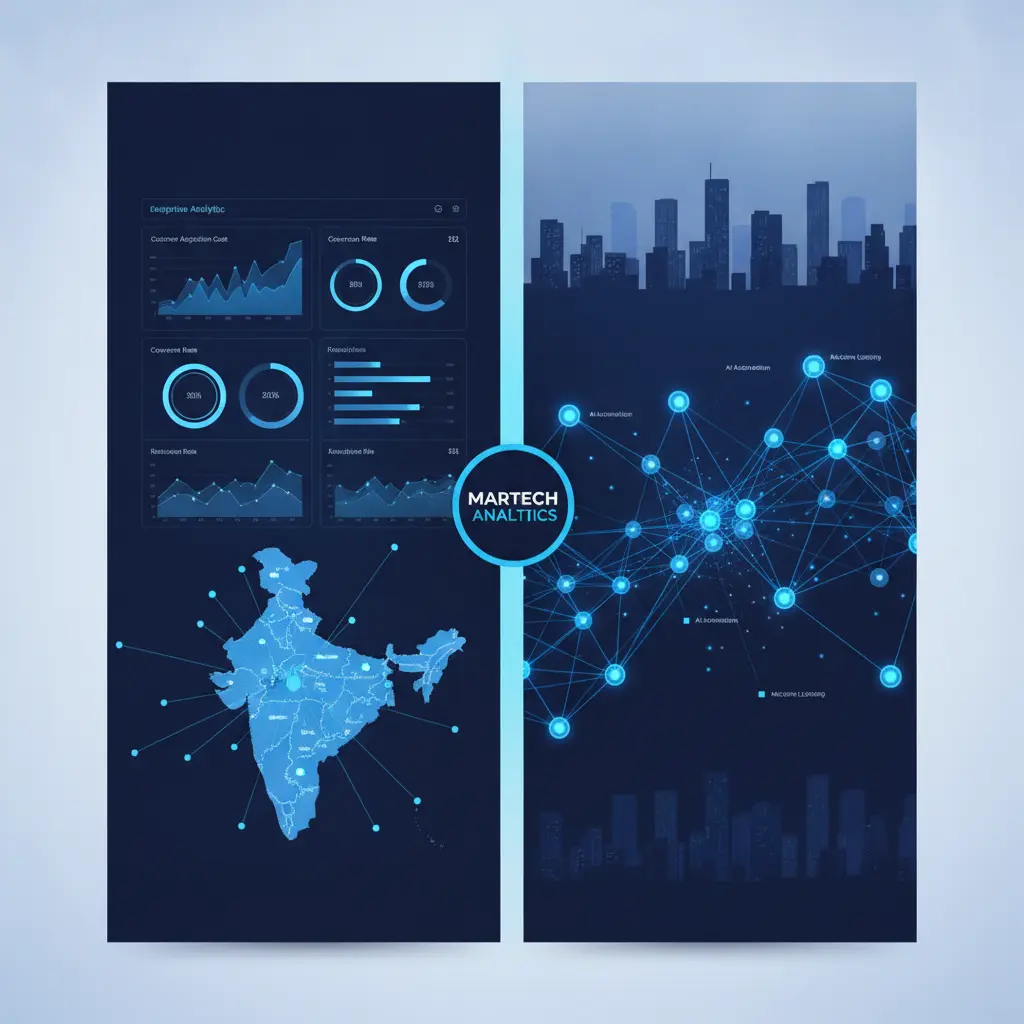 Split-screen digital marketing visual with analytics dashboard and AI engine, set against a modern Delhi skyline in blue and white.