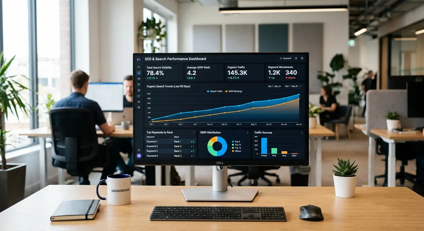 Modern rank tracker software dashboard displaying search engine position graphs and live visibility data metrics.
