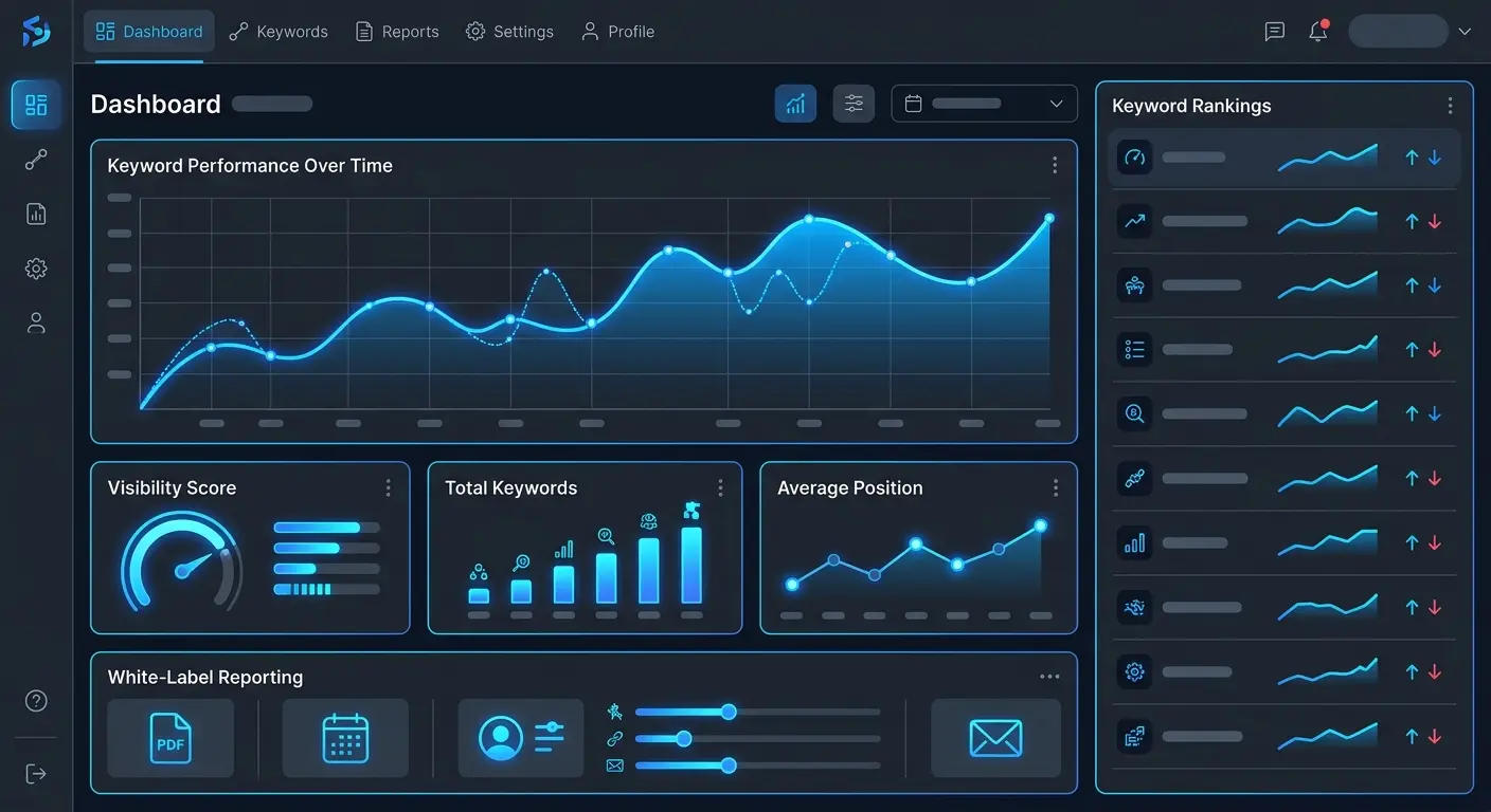 Automated rank tracker software reporting features dashboard preview on Scalnex platform