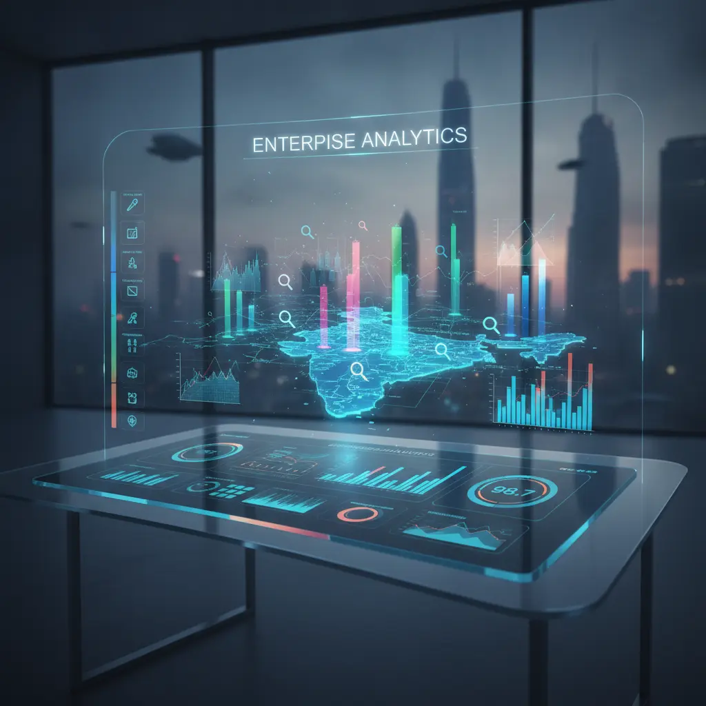 A holographic enterprise analytics dashboard displaying a 3D map of Delhi NCR with glowing search nodes.