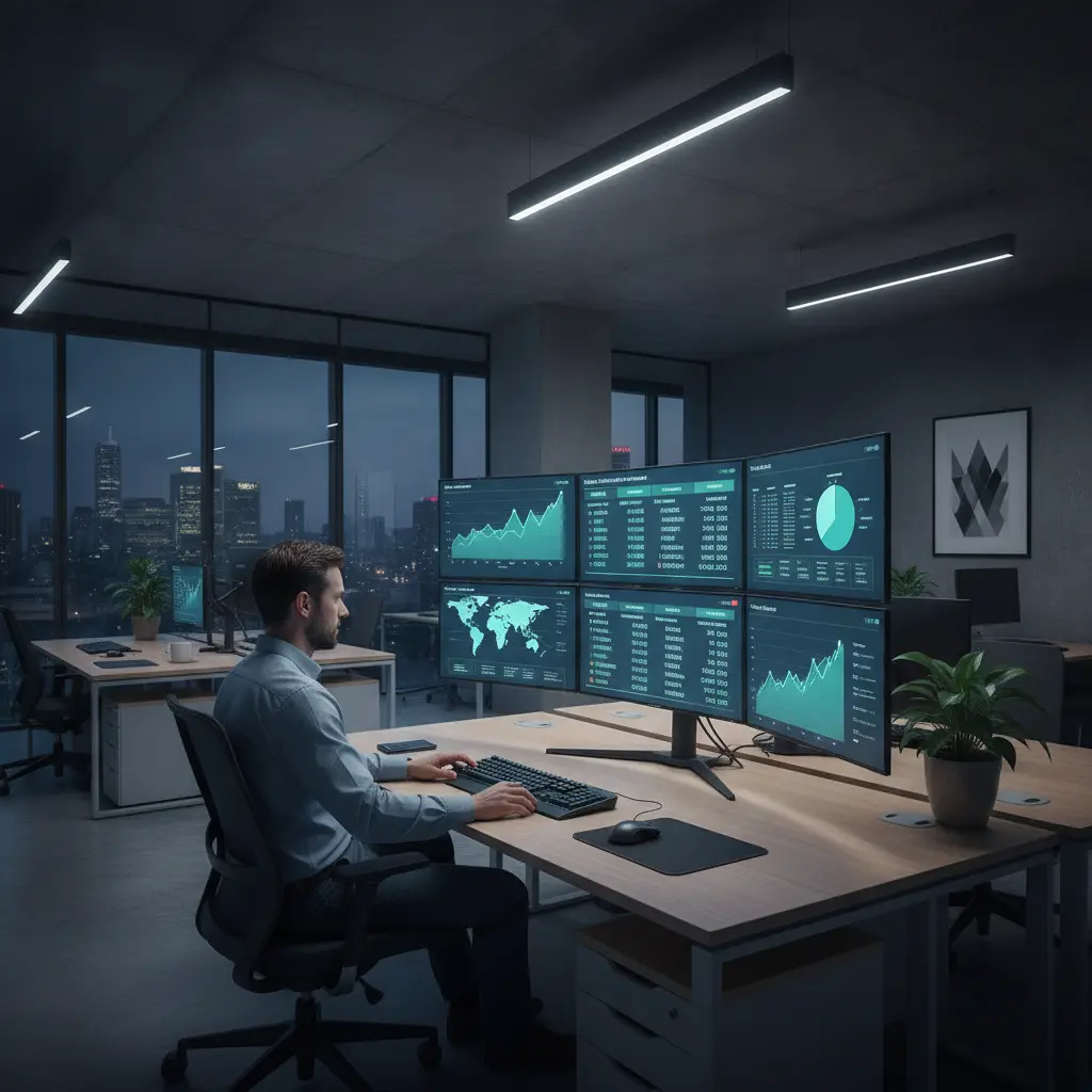 A man reviews digital marketing dashboards on multiple ultra-wide monitors in a modern office.