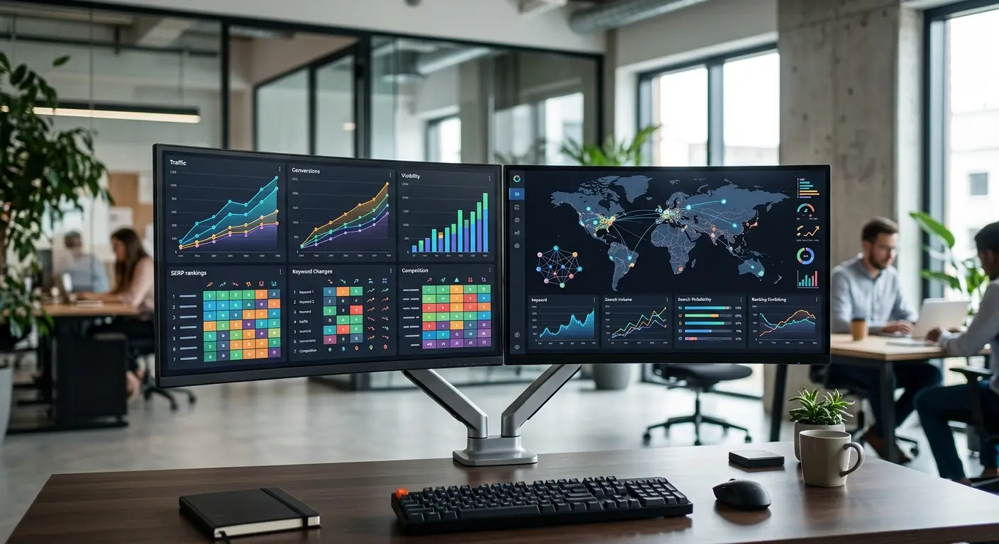 Analytics dashboard displaying real-time e-commerce search visibility metrics on rank tracker software for ecommerce